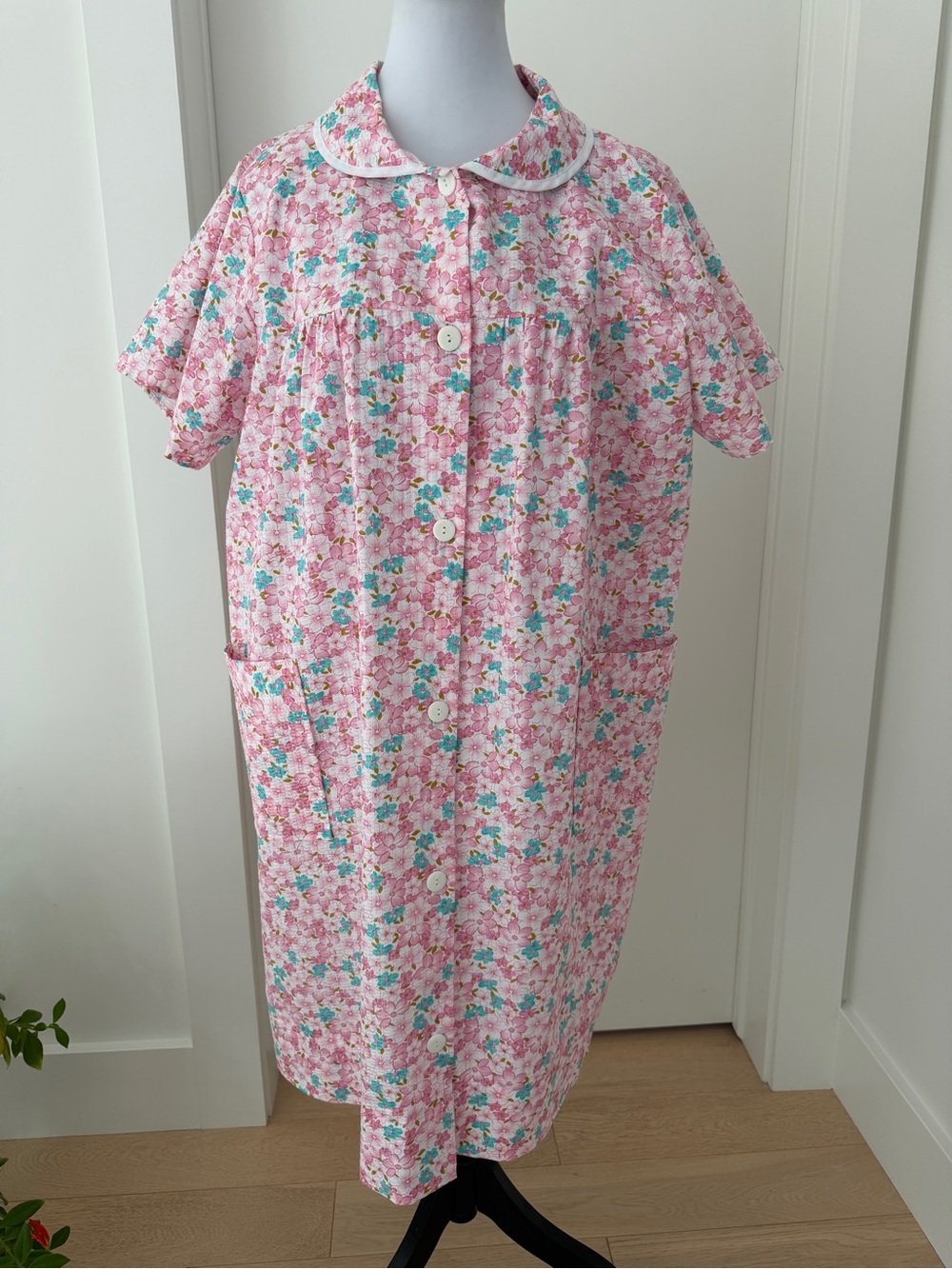VANITY FAIR House Dress Robe Duster Lightweight Floral Button Front Short Sleeve